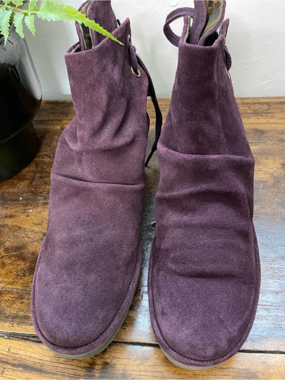 Fly London Rich Plum Suede Wedge Bootie EUC